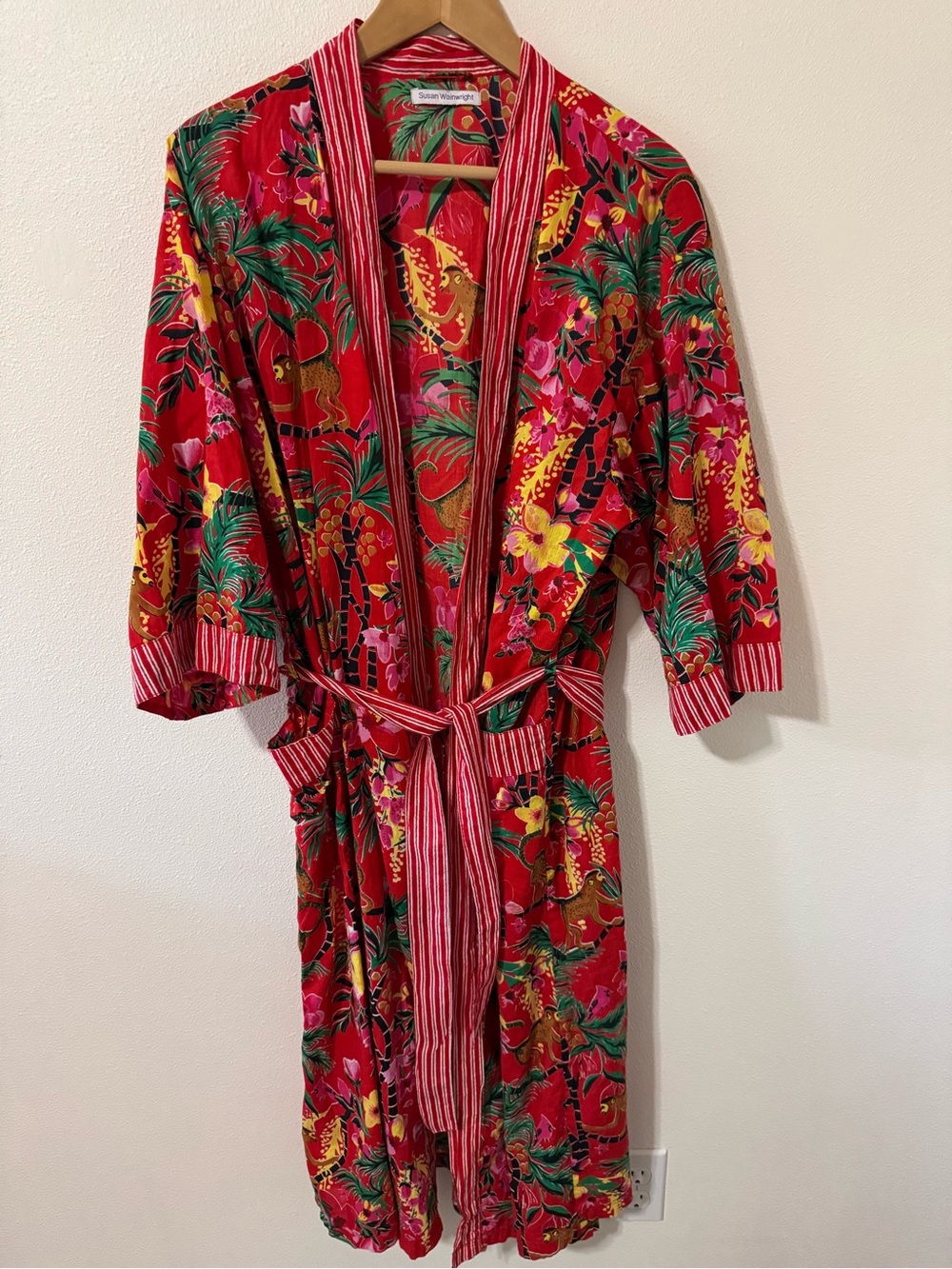 Susan Wainwright Bohemian Tropical Monkey Print Robe Red Stripe Belt Cotton-OS